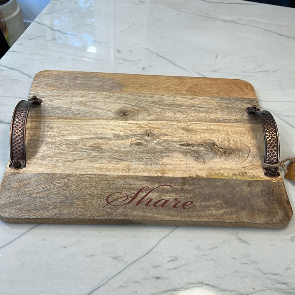 Wood tray with hammered copper handles